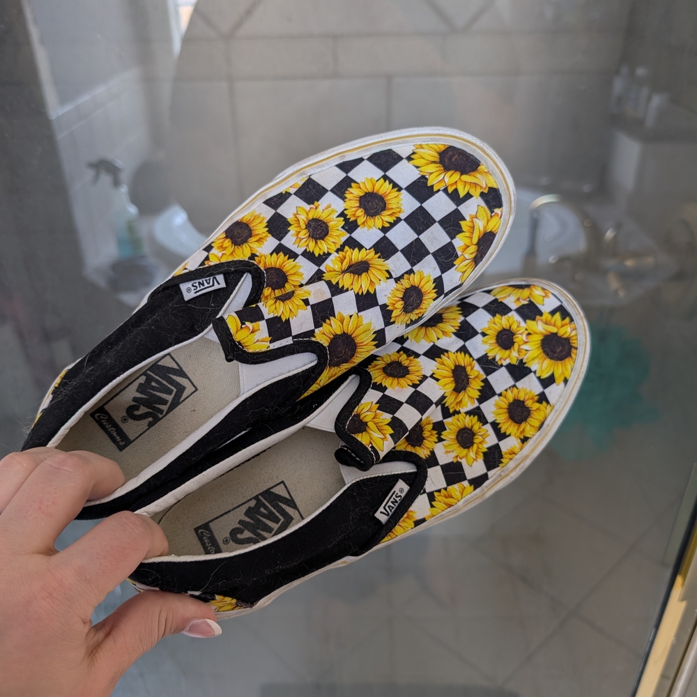 Vans Black and Yellow Sunflower Checkered Slip-Ons